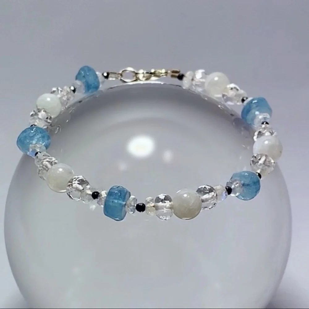 Genuine Aquamarine, Moonstone & Hematite Bracelet!